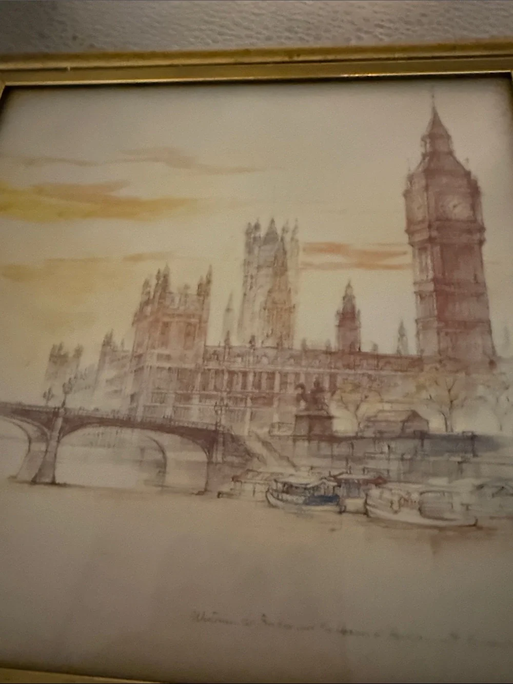 Vintage Water Color depicting the House of Parliament and Big Ben in London